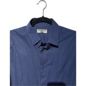 Express Medium Fitted Shirt Navy Blue White Polka Dots Men’s